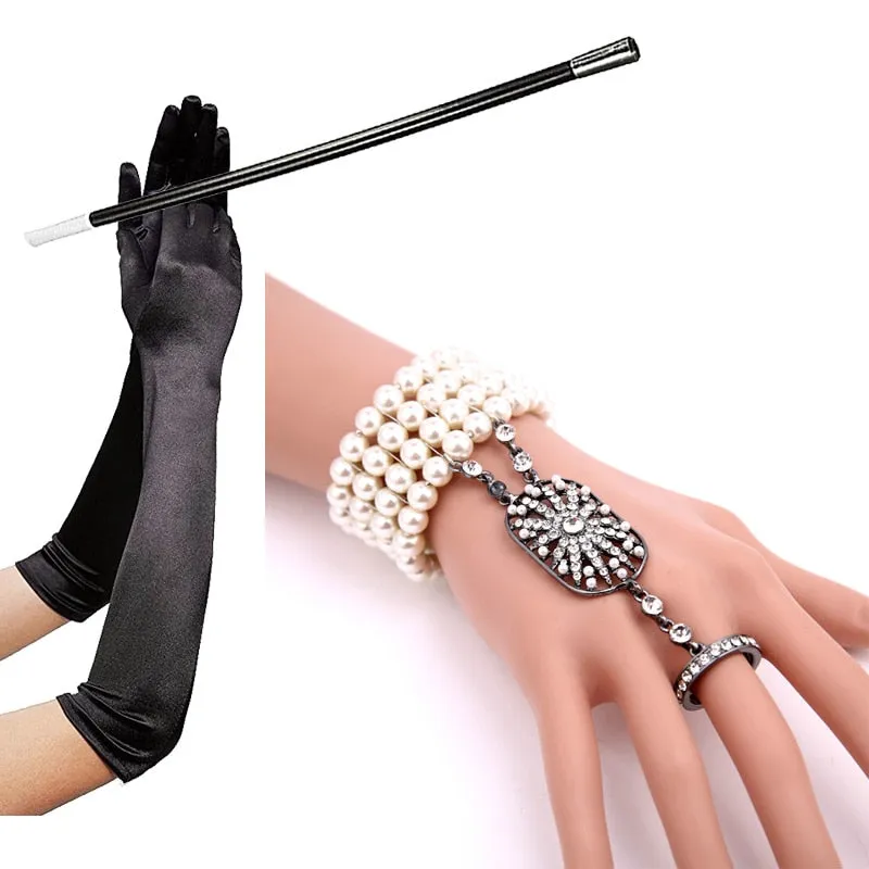 1920s Accessories Set Long Black Gloves Pearl Bracelet Cigarette Holder Flapper Costumes Fancy Dress Hen Party Accessory