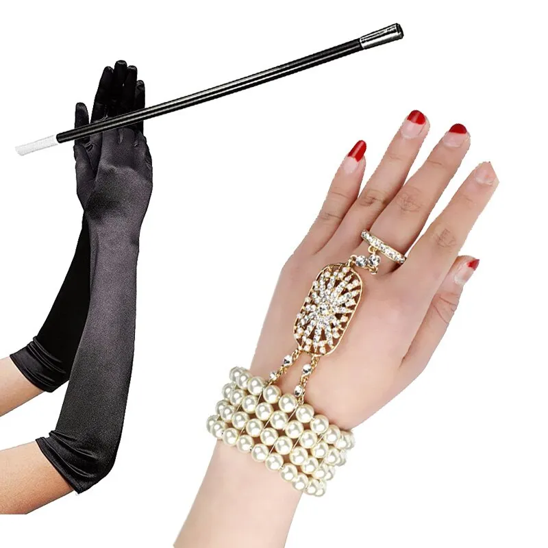 1920s Accessories Set Long Black Gloves Pearl Bracelet Cigarette Holder Flapper Costumes Fancy Dress Hen Party Accessory