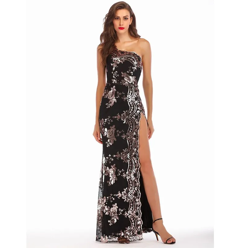 3 Color Embroidery Sequin One Shoulder Long Chic Maxi High Split Nightclub Party Dress