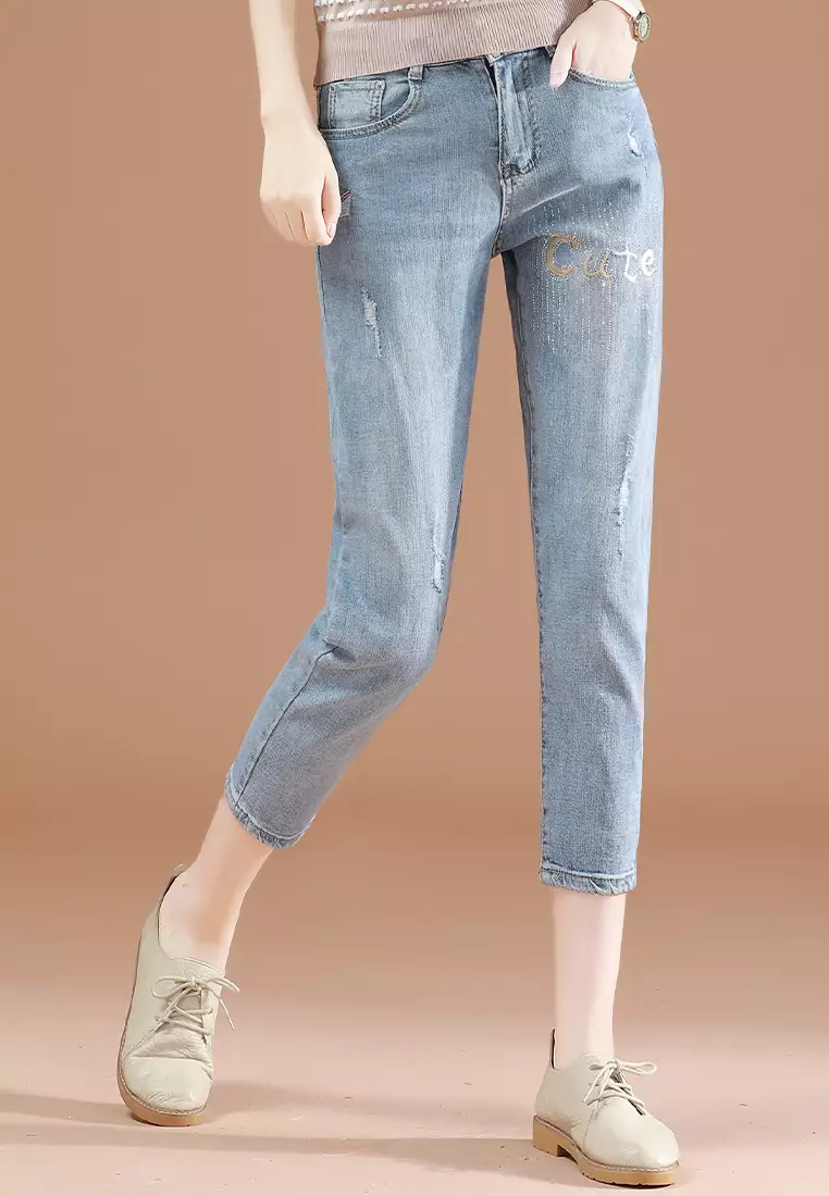 A-IN GIRLS Fashion Embroidery Stick Drill Jeans