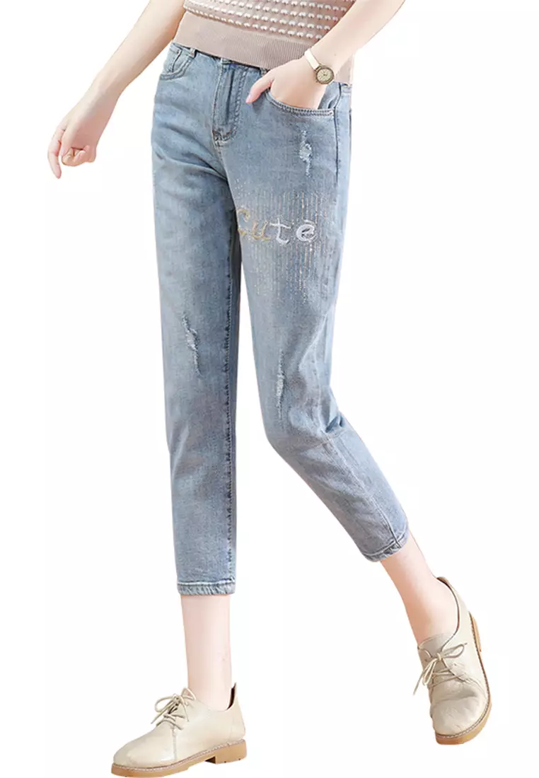 A-IN GIRLS Fashion Embroidery Stick Drill Jeans