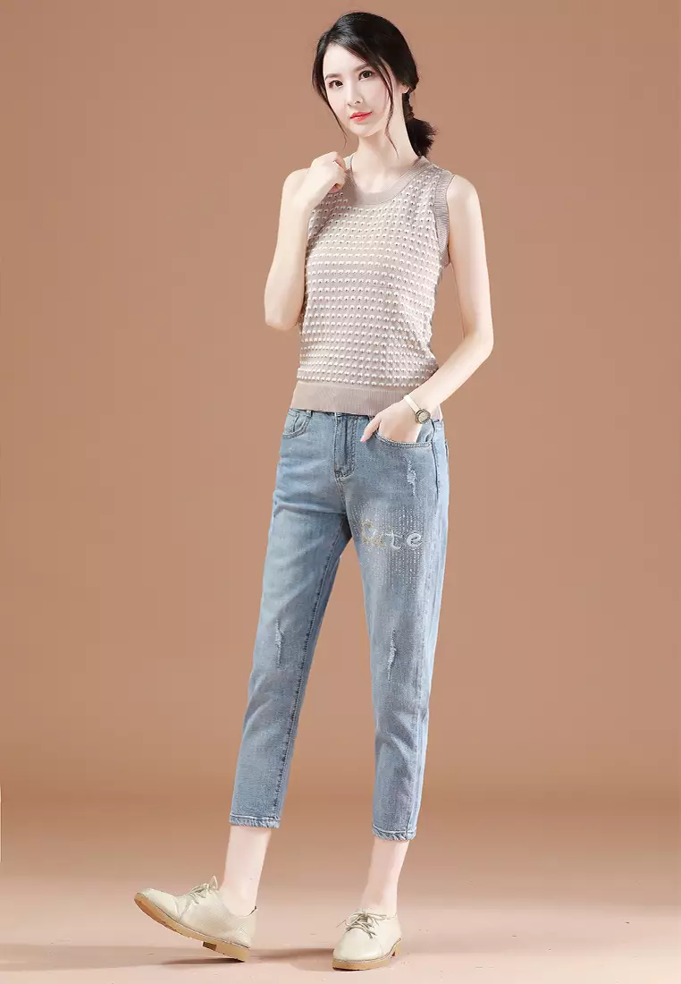 A-IN GIRLS Fashion Embroidery Stick Drill Jeans