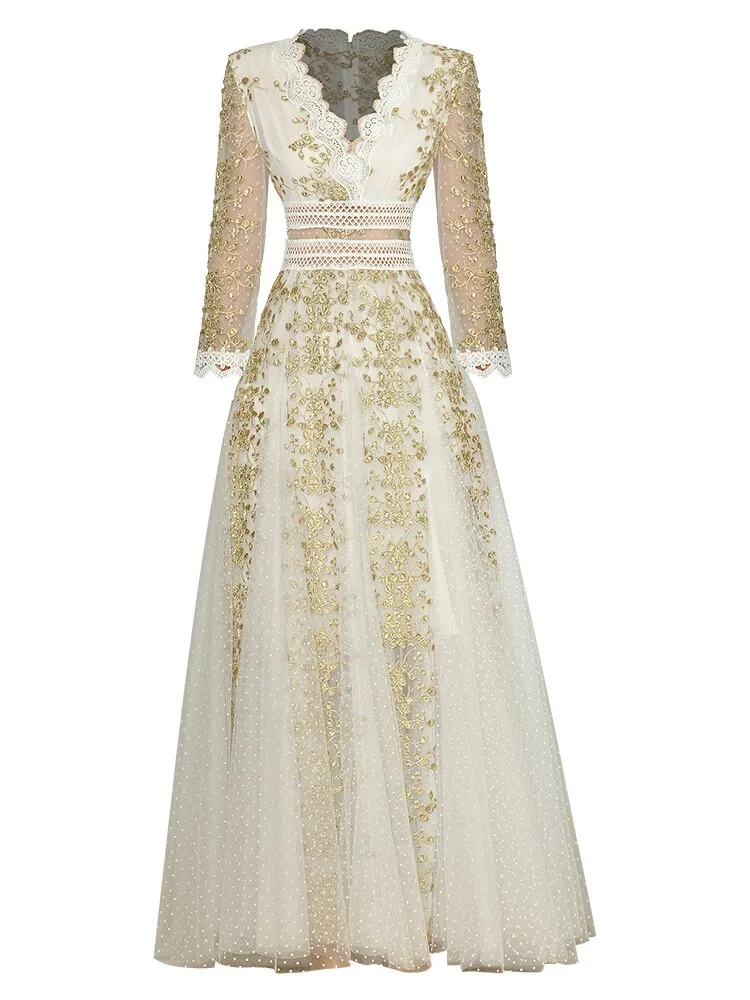 Anna Mesh Dress V-Neck Gold Thread Flowers Embroidery Vintage Party Long Dress