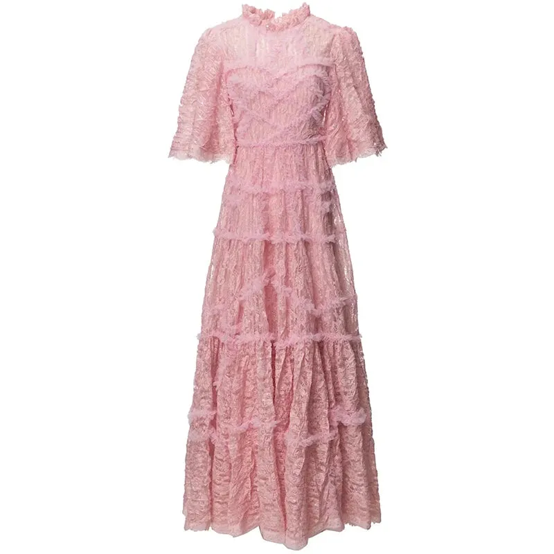 Arlet O-Neck Flare Sleeve Ruffles Vintage Party Mesh Long Dress