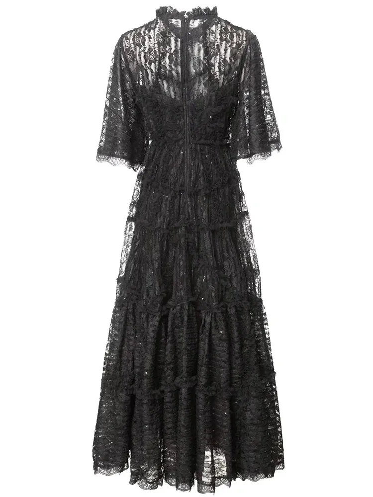 Arlet O-Neck Flare Sleeve Ruffles Vintage Party Mesh Long Dress