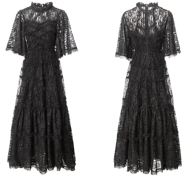 Arlet O-Neck Flare Sleeve Ruffles Vintage Party Mesh Long Dress