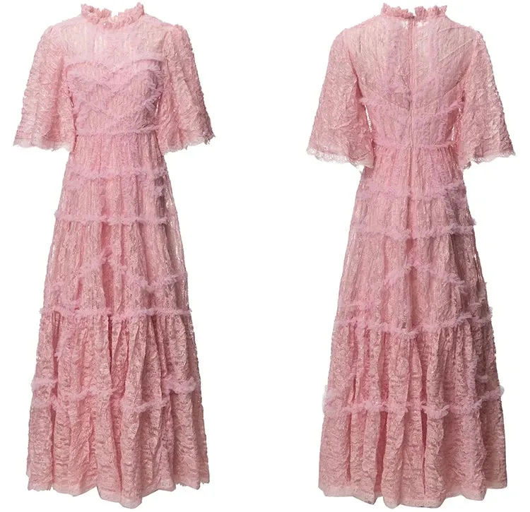 Arlet O-Neck Flare Sleeve Ruffles Vintage Party Mesh Long Dress