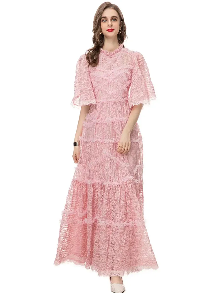 Arlet O-Neck Flare Sleeve Ruffles Vintage Party Mesh Long Dress