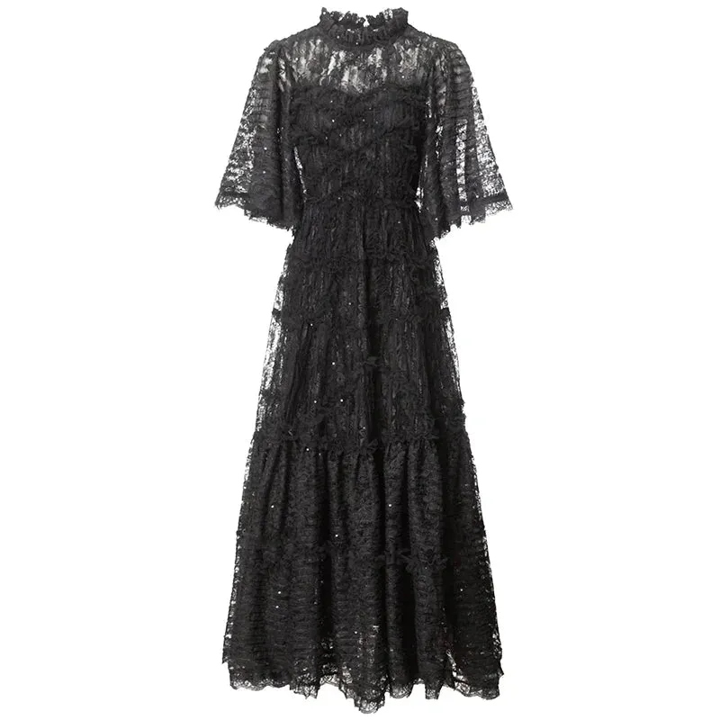 Arlet O-Neck Flare Sleeve Ruffles Vintage Party Mesh Long Dress