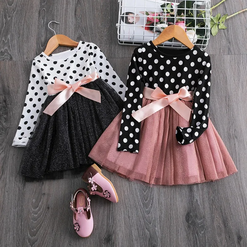 Autumn Spring Girls Long Sleeve Polka Dot Bow Dress Toddler Kids Casual Clothing Wear Children Wedding Birthday Party Vestidos