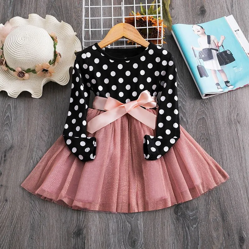 Autumn Spring Girls Long Sleeve Polka Dot Bow Dress Toddler Kids Casual Clothing Wear Children Wedding Birthday Party Vestidos