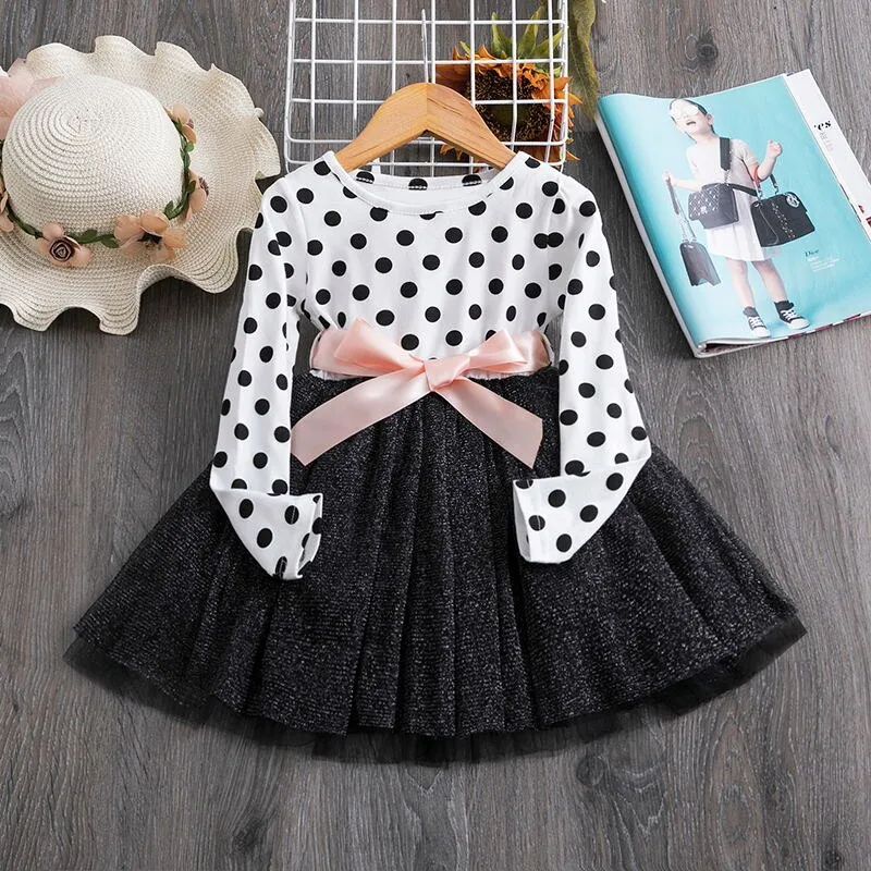 Autumn Spring Girls Long Sleeve Polka Dot Bow Dress Toddler Kids Casual Clothing Wear Children Wedding Birthday Party Vestidos