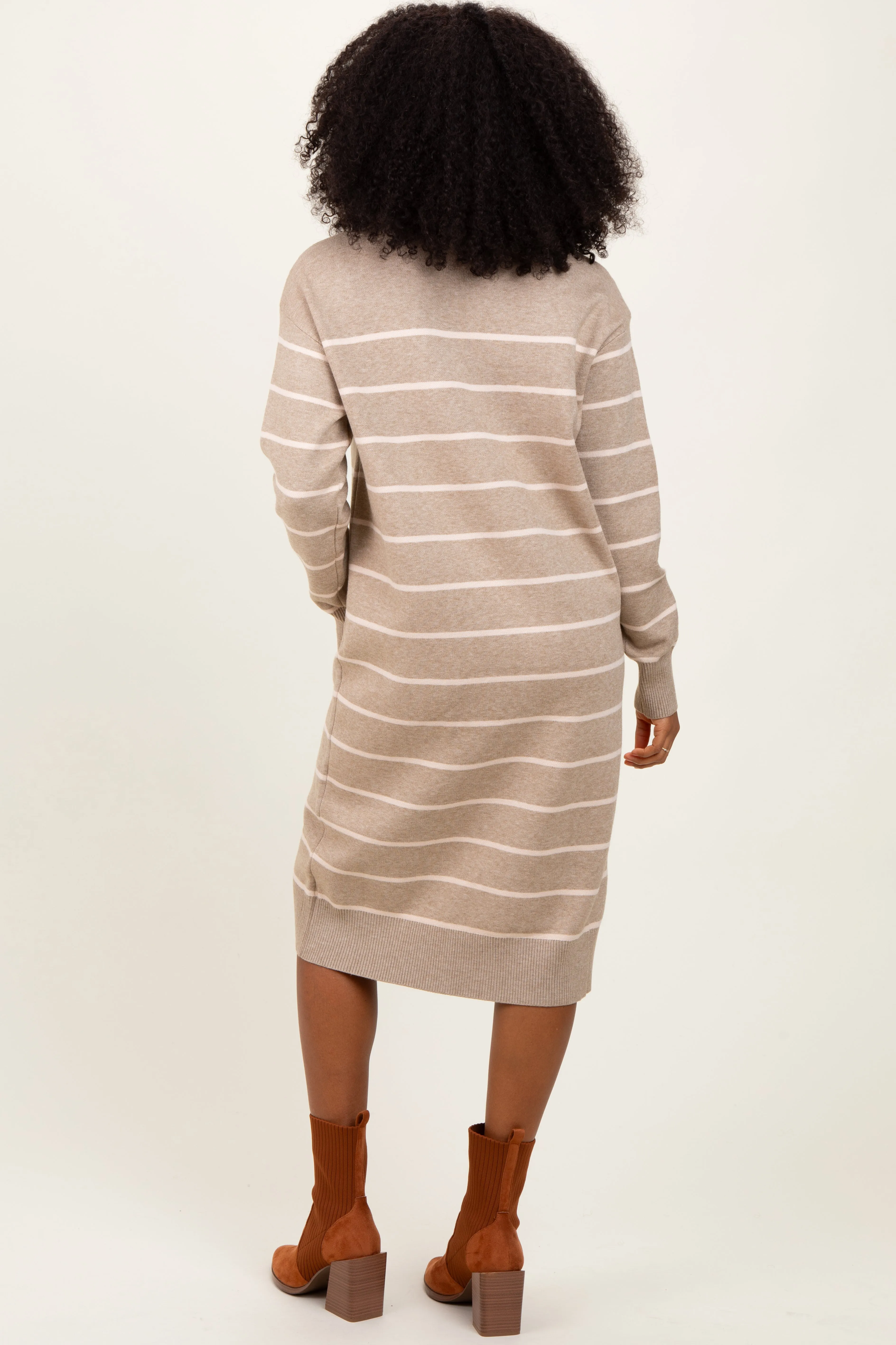 Beige Striped Midi Sweater Dress