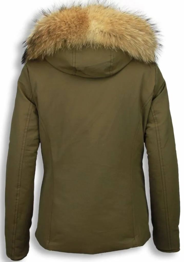 Beluomo Fur Collar Coat - Women's Winter Coat Wooly Short - Green