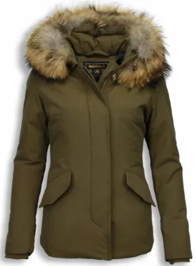 Beluomo Fur Collar Coat - Women's Winter Coat Wooly Short - Green