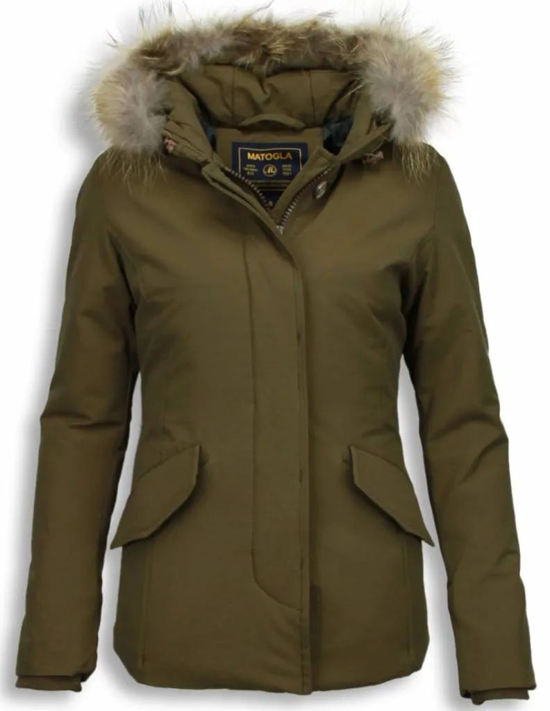 Beluomo Fur Collar Coat - Women's Winter Coat Wooly Short - Green