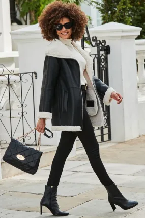 Black Faux Leather Shearling Coat