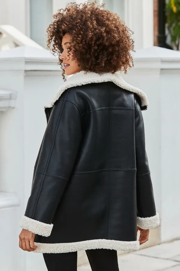 Black Faux Leather Shearling Coat