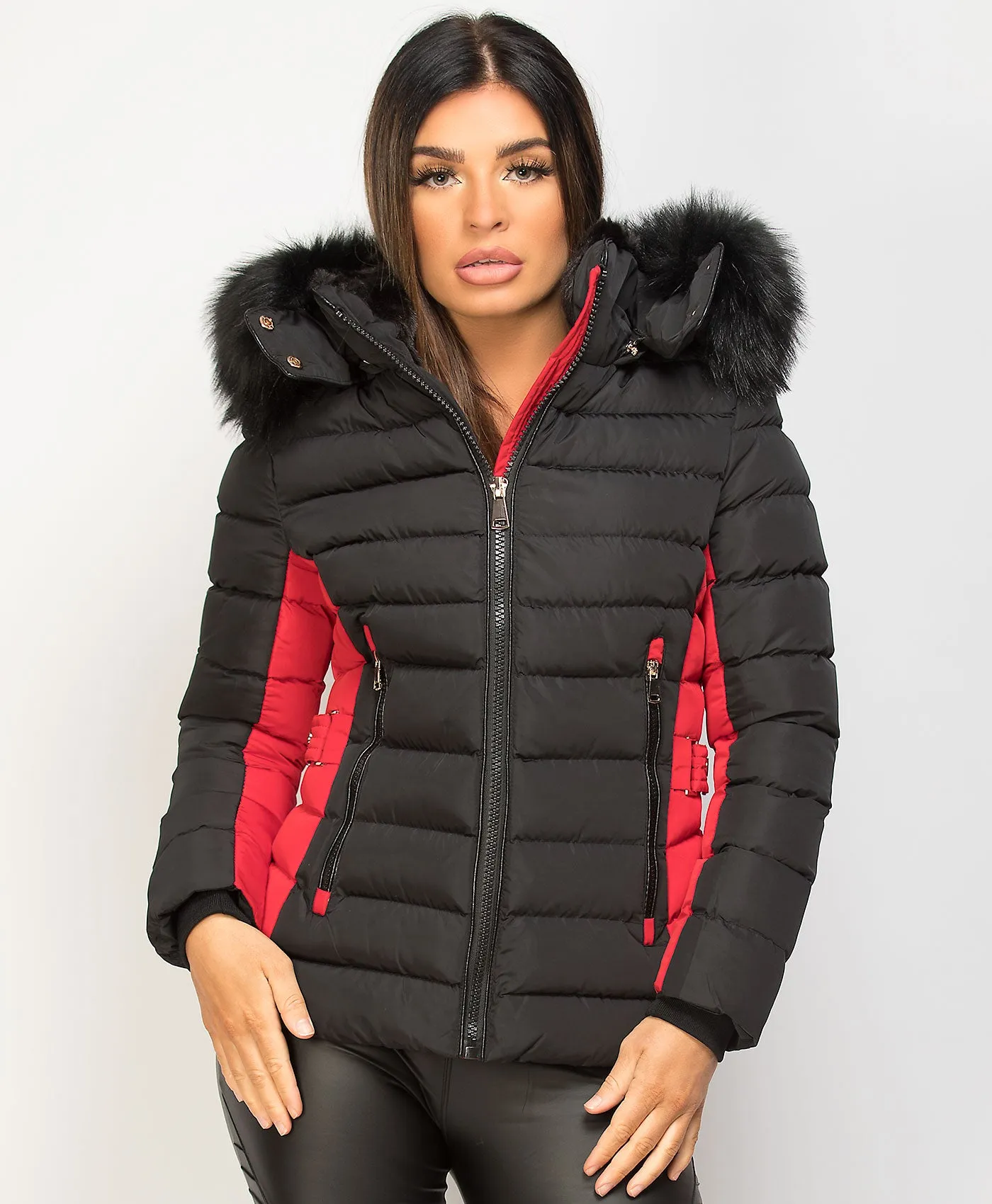 Black Red Contrast Panel Padded Quilted Fur Hood Puffer Jacket