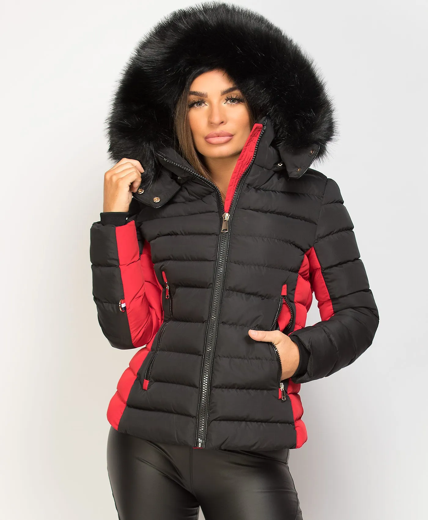 Black Red Contrast Panel Padded Quilted Fur Hood Puffer Jacket