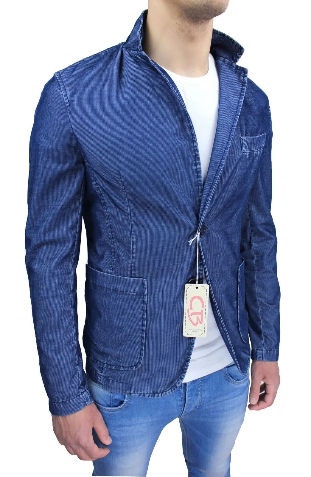 Blazer Giacca uomo di Jeans blu denim aderente slim fit elegante casual