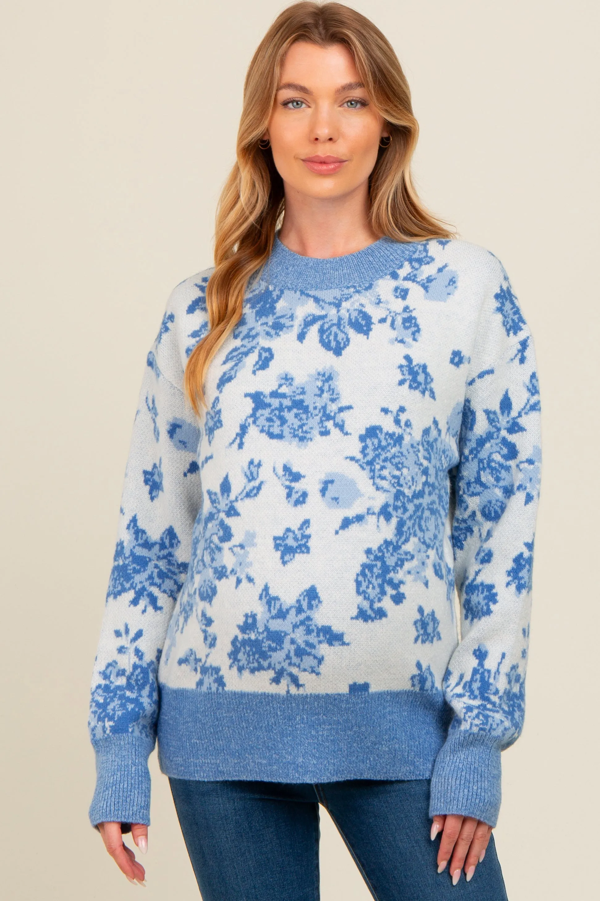 Blue Floral Crew Neck Maternity Sweater