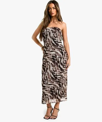 boohoo Womens Bandeau Printed Mesh Midaxi Dress