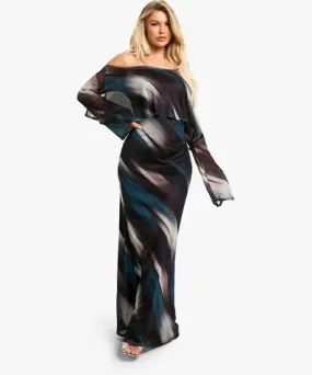 boohoo Womens Drape Abstract Printed Mesh Maxi Dress