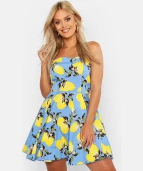 boohoo Womens Plus Lemon Printed Strappy Skater Dress