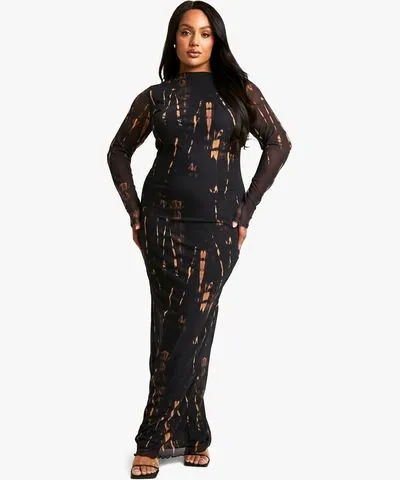 boohoo Womens Plus Printed Mesh Long Sleeve Maxi Dress