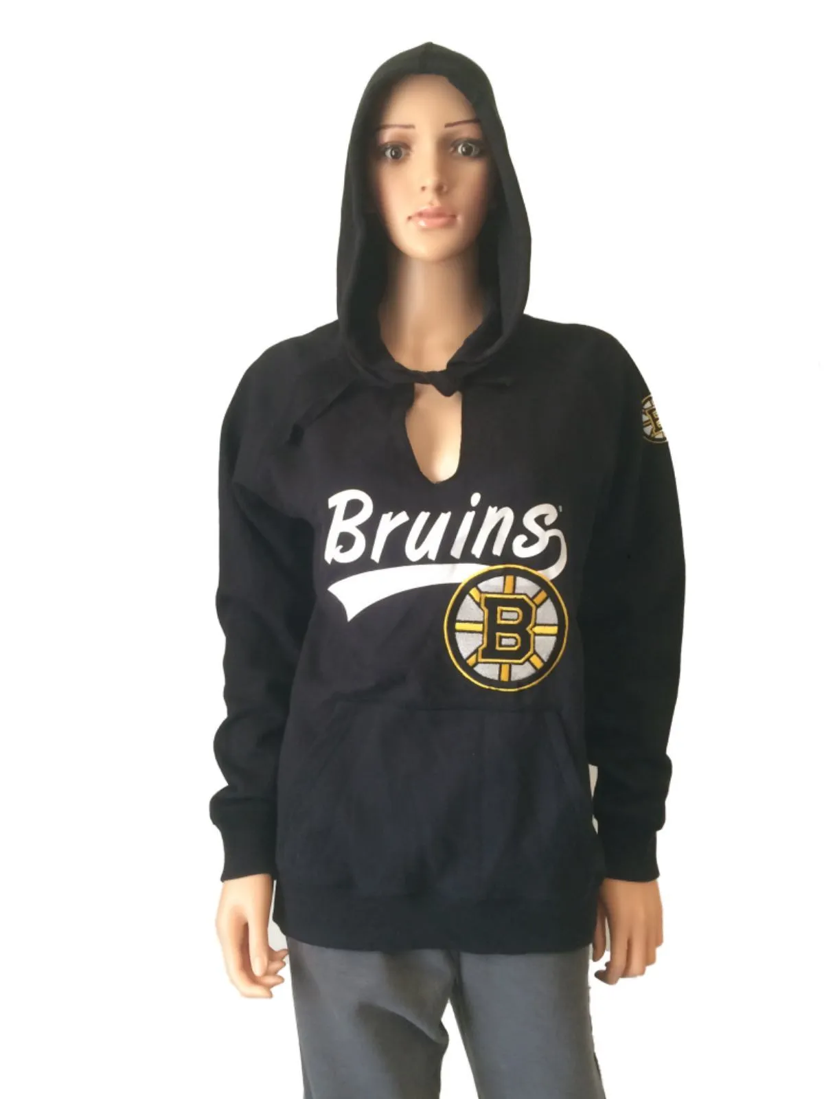 Boston Bruins SAAG WOMENS Black LS V-Neck Pullover Hoodie Sweatshirt (M)