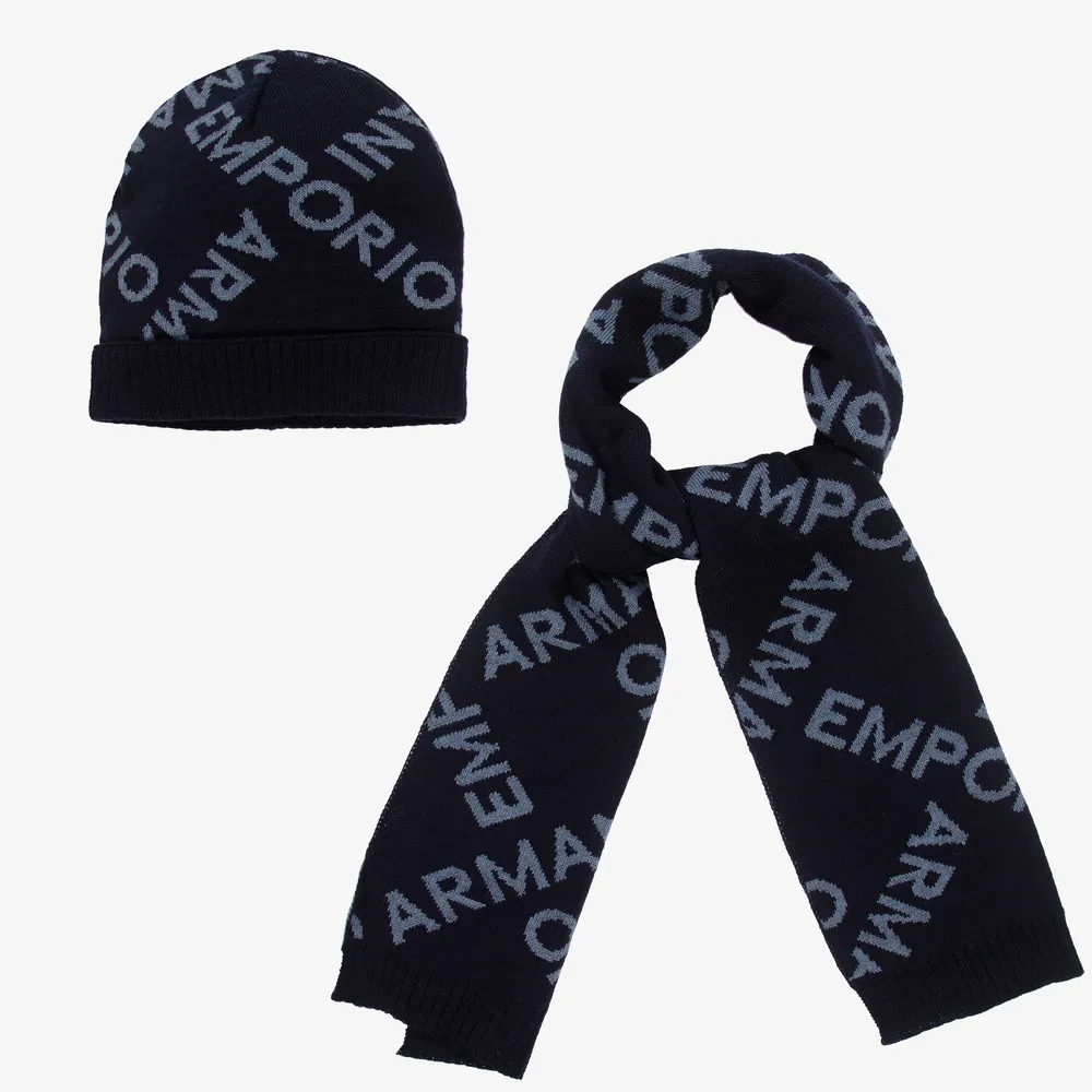 Boys Blue Wool Logo Hat Set