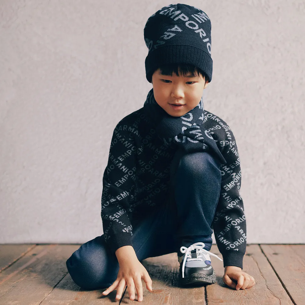 Boys Blue Wool Logo Hat Set