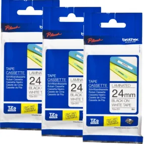 Brother TZE-251 Laminated Labelling Tape 24mm Black On White Cartridge Pack 3