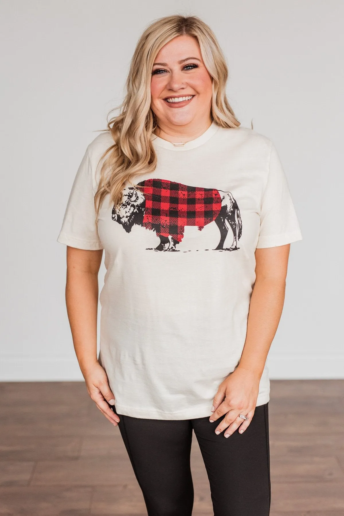 Buffalo Wearing Buffalo Plaid Graphic Tee- Cream