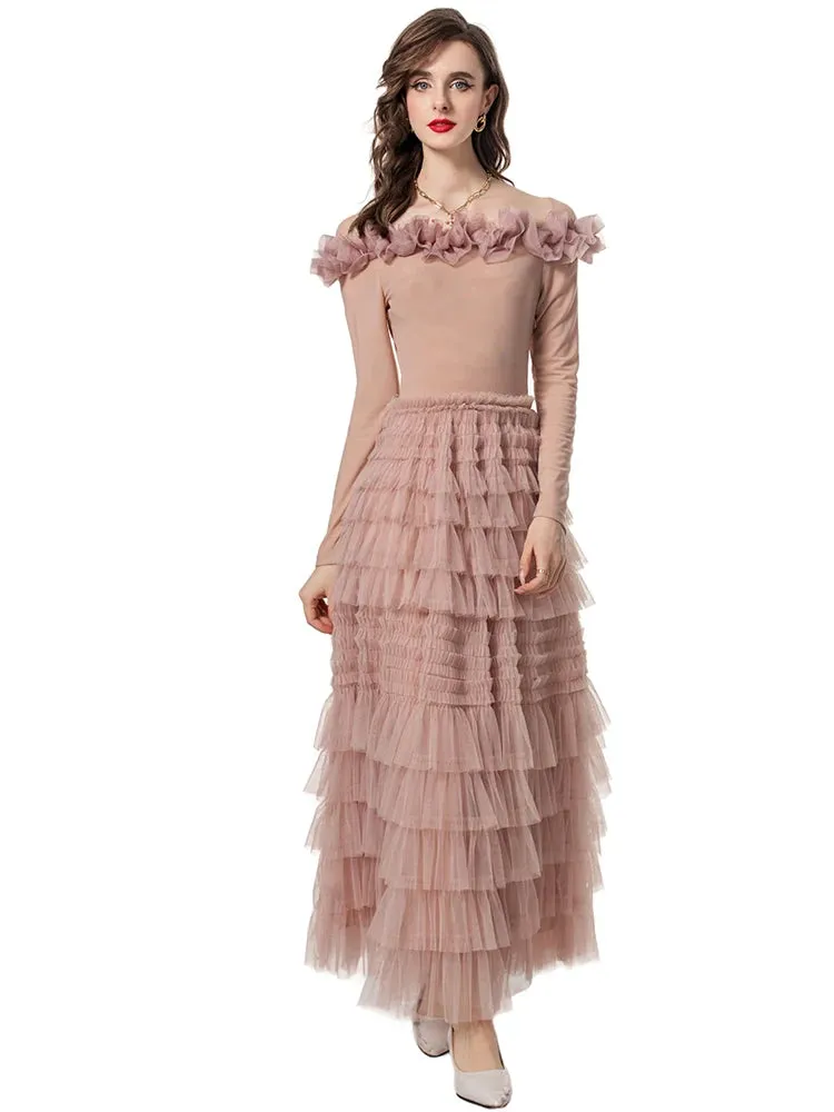 Cassie Neck Long Sleeve Ruffles Mesh Patchwork Elegant Party Dress