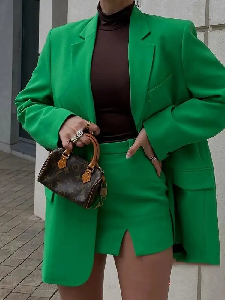 City Commenter Matching Outfits Sets 2023 Chic Green Oversized Long Women Blazer + mini Skirt 2pc Sets