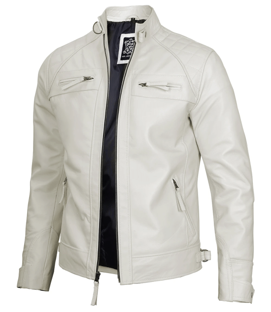 Classic Men's Off White Real Leather Cafe Racer Biker Jacket