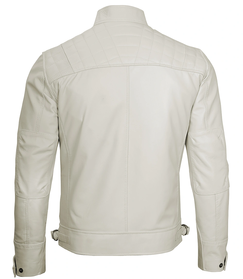 Classic Men's Off White Real Leather Cafe Racer Biker Jacket