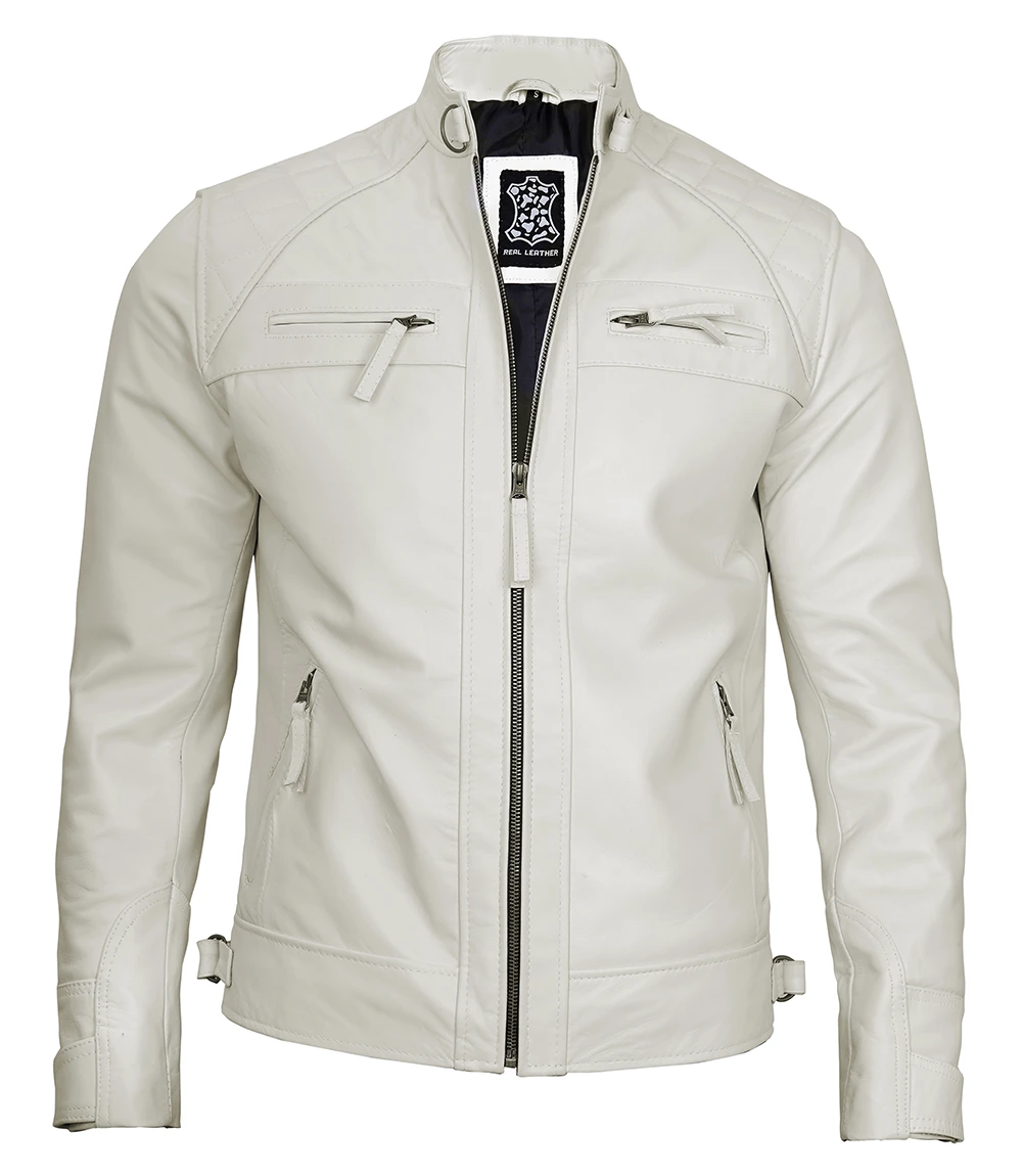 Classic Men's Off White Real Leather Cafe Racer Biker Jacket