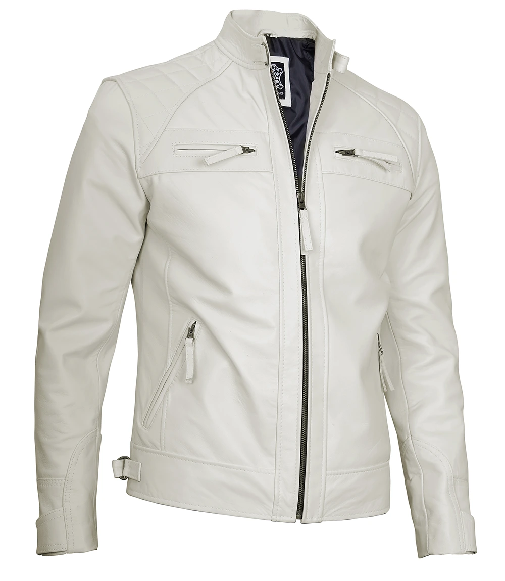 Classic Men's Off White Real Leather Cafe Racer Biker Jacket