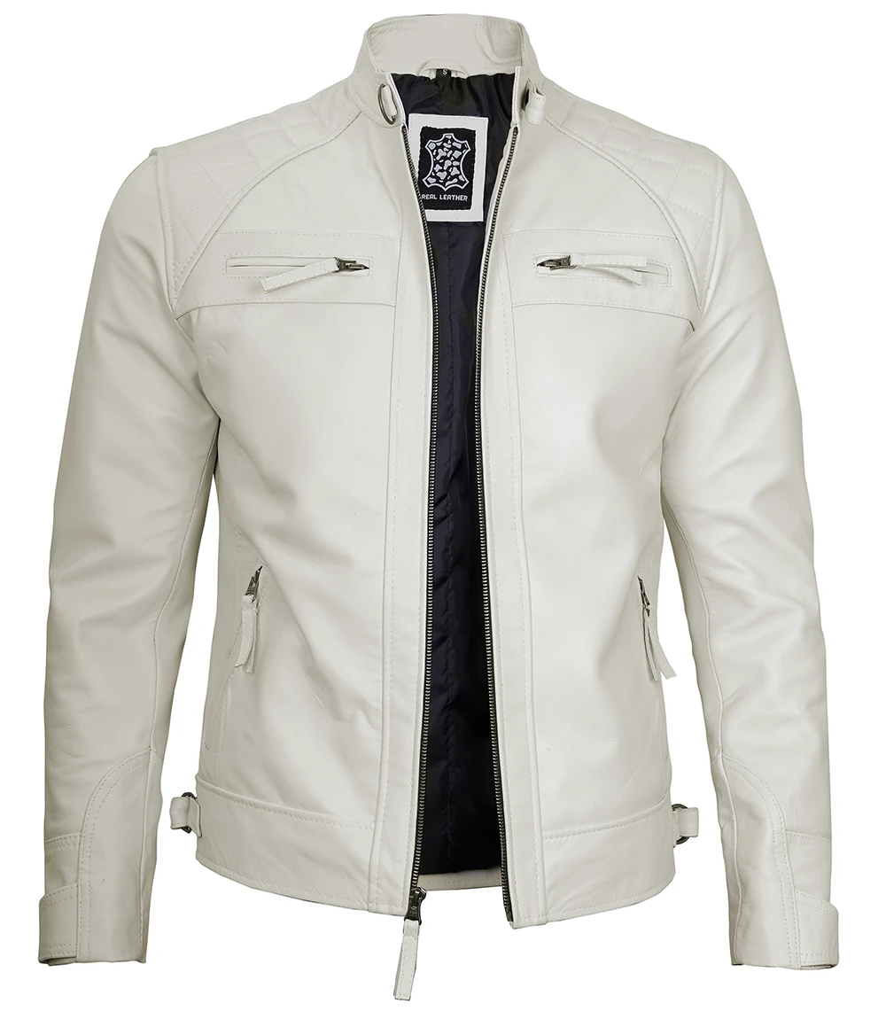 Classic Men's Off White Real Leather Cafe Racer Biker Jacket