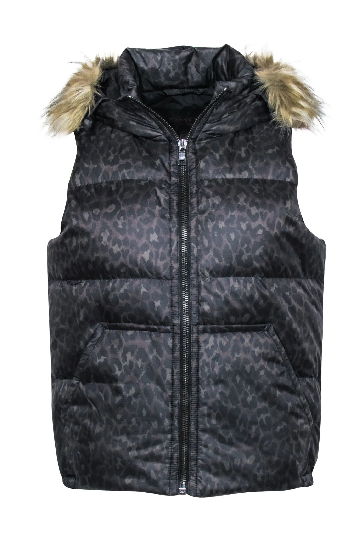 Coach - Brown & Black Cheetah Print Puffer Vest w/ Faux Fur Hood  Sz S