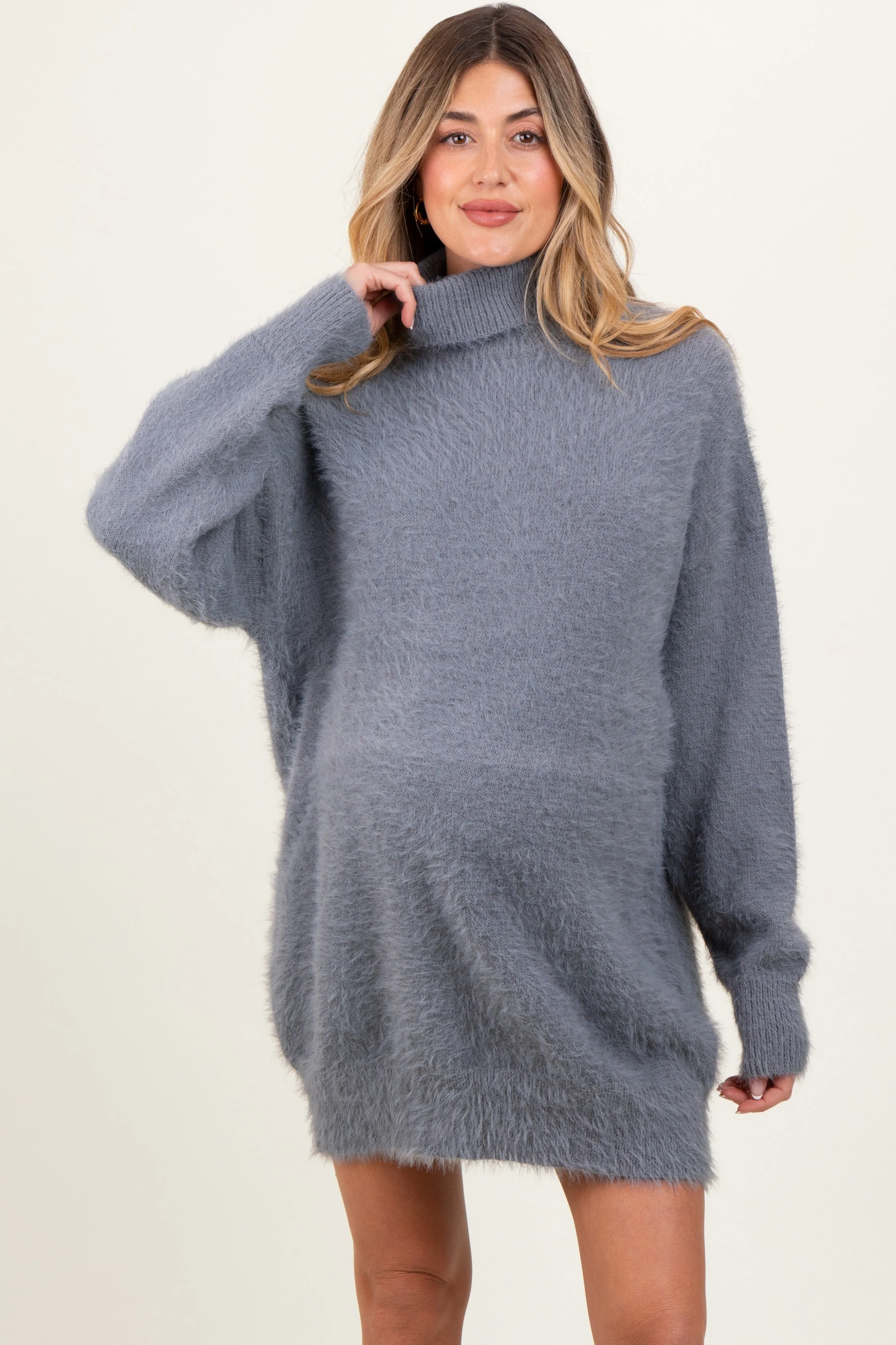 Cream Fuzzy Knit Turtleneck Maternity Sweater Mini Dress