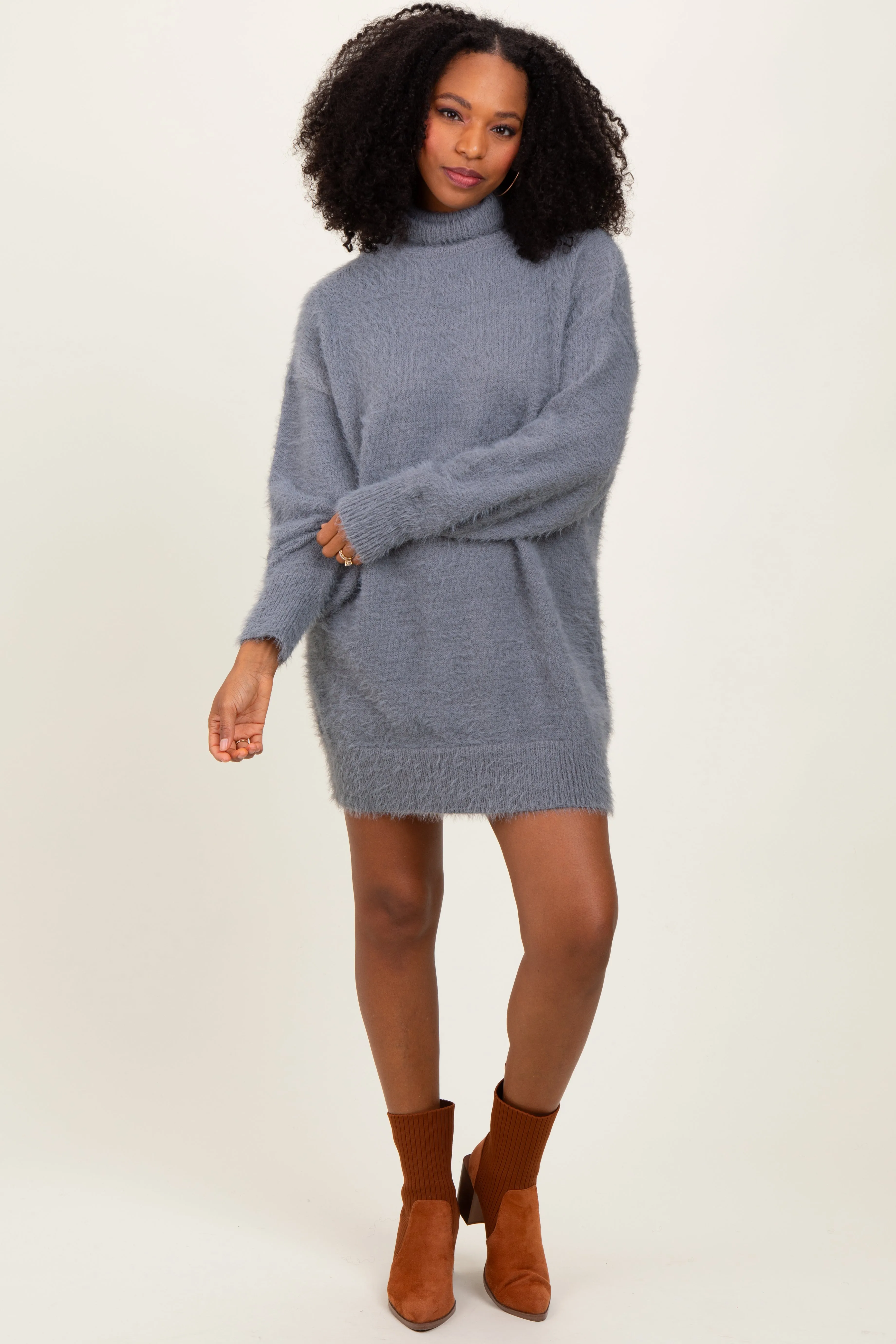 Cream Fuzzy Knit Turtleneck Maternity Sweater Mini Dress