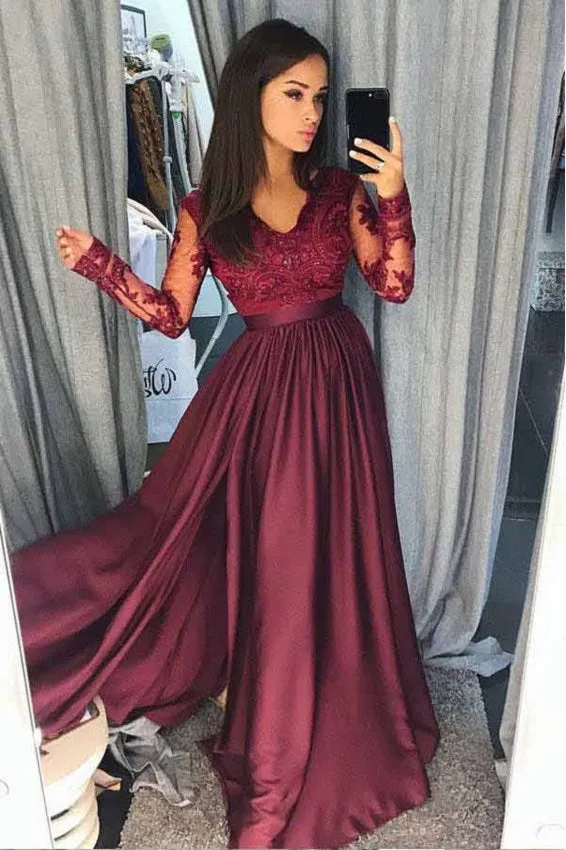 Custom Modest Burgundy Long Sleeve Prom Dress | Pretty Party Dress