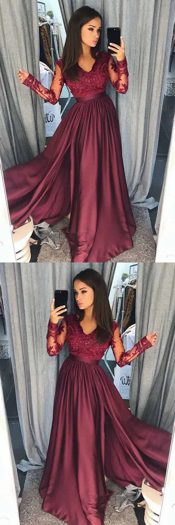 Custom Modest Burgundy Long Sleeve Prom Dress | Pretty Party Dress