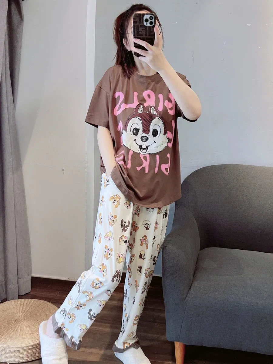 Cute squirrel cotton pajamas for women spring and summer short-sleeved trousers casual wearable home wear set 2023 new style