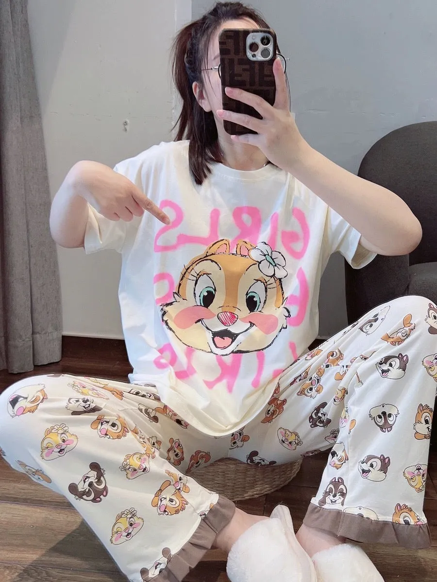 Cute squirrel cotton pajamas for women spring and summer short-sleeved trousers casual wearable home wear set 2023 new style