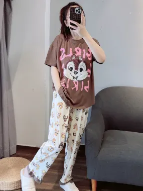 Cute squirrel cotton pajamas for women spring and summer short-sleeved trousers casual wearable home wear set 2023 new style